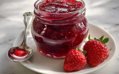 En burk med hemlagad jordgubbskompott, perfekt för frukostmackan. Syltsocker ger den rätt konsistens.