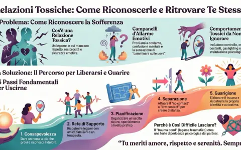 Illustrazione sui comportamenti tossici nelle relazioni, con i 5 passi per liberarsene: consapevolezza, rete di supporto, pianificazione, separazione e guarigione.
