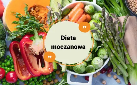 Kolorowe warzywa: dynia, brokuły, papryka, marchew, szparagi, brukselka, pomidory, groszek. Tekst: Dieta moczanowa.