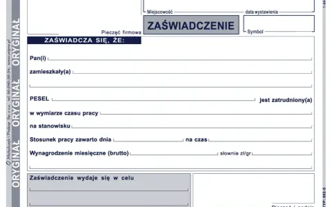 Formularz zaświadczenia o zatrudnieniu, zawierający dane pracownika, stanowisko, wynagrodzenie i cel wydania dokumentu.