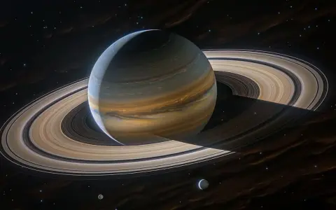 Saturn, majestatyczny **Saturn znak zodiaku**, otoczony pierścieniami, lśni w kosmosie.