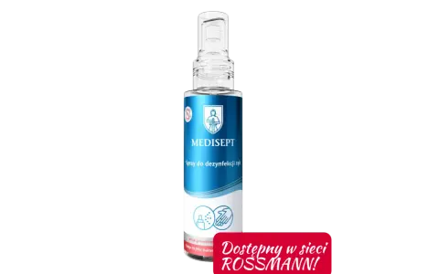 Butelka sprayu do dezynfekcji rąk MEDISEPT z napisem "Dostępny w sieci ROSSMANN!".