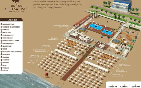 Mappa del Bagno 88-89 Le Palme Beach Club a Riccione, con piscine, aree giochi, campi da beach volley e servizi.