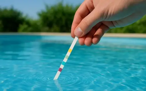 Testar grumligt vatten i poolen med en teststicka.