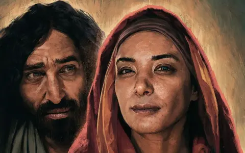 Nahaufnahme von Jesus und Maria, ihre Gesichter im warmen Licht. Maria blickt zuversichtlich, Jesus nachdenklich.