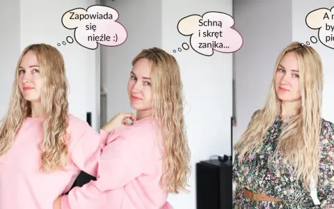 Kobieta z blond włosami pokazuje, jak wydobyć skręt z prostych włosów. Początkowo włosy są lekko pofalowane, ale po wyschnięciu stają się proste.