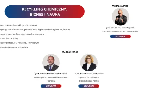 Grafika przedstawia tytuł "Recykling chemiczny. Biznes i nauka", listę tematów oraz zdjęcia moderatora i uczestników dyskusji.