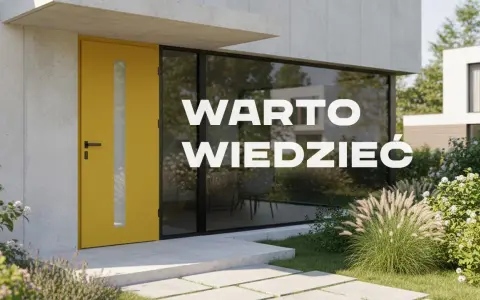 Żółte drzwi zewnętrzne z przeszkleniem, obok dużego okna. Warto wiedzieć, co oferuje nasz katalog drzwi.