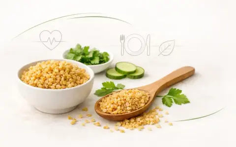 Kasza bulgur w misce i na łyżce, obok plasterki ogórka i zielenina. Czy kasza bulgur jest zdrowa? Tak, to bogactwo błonnika i witamin.