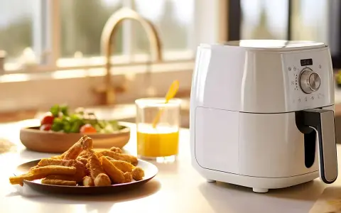 Melanzane dorate e croccanti, appena sfornate dalla friggitrice ad aria, accanto a un bicchiere di succo d'arancia e un'insalata fresca.