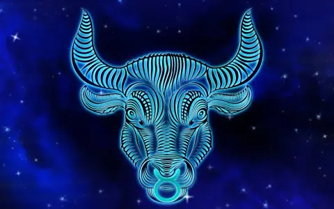 Błękitny, neonowy byk z gwiazdami na tle. Symbol zodiaku Byk, jaki żywioł? Ziemia, siła i stabilność.