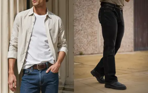 Uomo con fisico a triangolo, indossa jeans e camicia a righe.