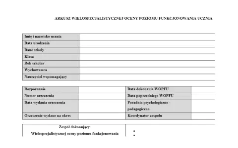 Arkusz Wielospecjalistycznej Oceny Poziomu Funkcjonowania Ucznia. Dokument zawiera dane ucznia, informacje o orzeczeniu i daty związane z ewaluacją WOPFU po pierwszym półroczu.