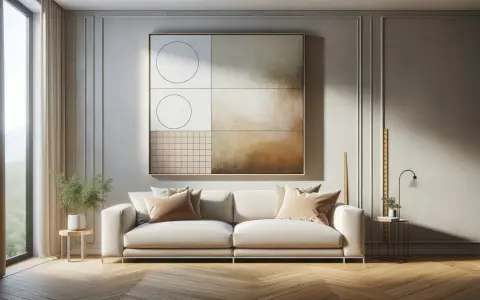Un salon moderne avec un canapé blanc, un tableau abstrait aux formes géométriques et des tons chauds. Le **taille cadre tableau** est imposant, dominant le mur.