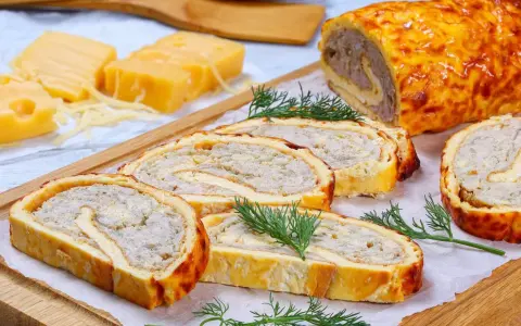 Pyszna rolada serowa z kurczakiem, pokrojona w plastry, z dodatkiem sera i koperku.