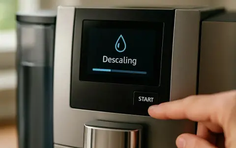 Une main appuie sur le bouton "Start" d'une machine Nespresso. L'écran affiche "Descaling" avec une barre de progression, indiquant le début du détartrage.