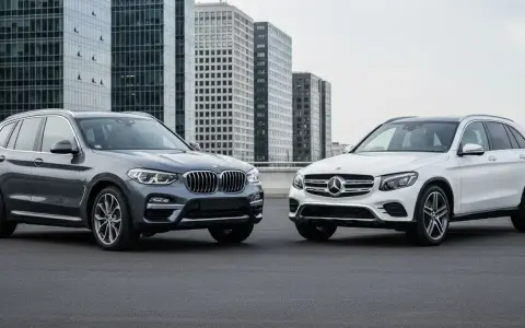 Dwa luksusowe mercedes suv modele, biały i szary, stoją obok siebie na tle nowoczesnych wieżowców.