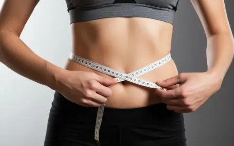 Mujer mide su cintura con cinta métrica, logrando un déficit calórico para perder grasa abdominal.