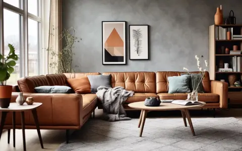 Comment aménager un petit salon avec un canapé d'angle en cuir marron, des coussins colorés, une couverture douillette et une table basse ronde.
