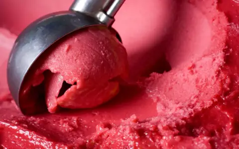 Cremiges Erdbeereis selber machen mit Eismaschine: Eine Kugel wird aus dem Behälter gehoben.