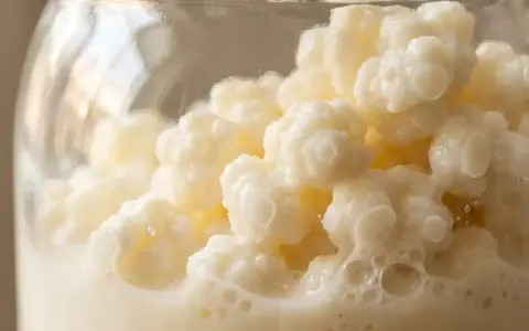 Milch-Kefir-Kulturen in einem Glas, bereit zur Fermentation. Diese lebenden Organismen wandeln Milch in ein probiotisches Getränk um.