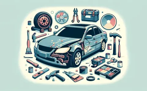 La carrozzeria della macchina è in riparazione, circondata da attrezzi, vernici e ruote.