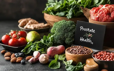 Zdjęcie przedstawia kompozycję zdrowych produktów spożywczych, takich jak warzywa, owoce i orzechy, z tabliczką "Prostate Health".