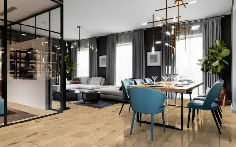 Nowoczesny salon z jadalnią, gdzie drewniana podłoga kronostep tworzy ciepłą bazę dla błękitnych krzeseł i eleganckiej jadalni.