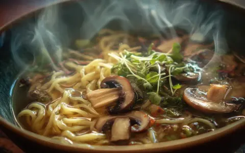 Gorąca zupa ramen z grzybami i kiełkami, parująca i kusząca. To właśnie umami co to za smak!