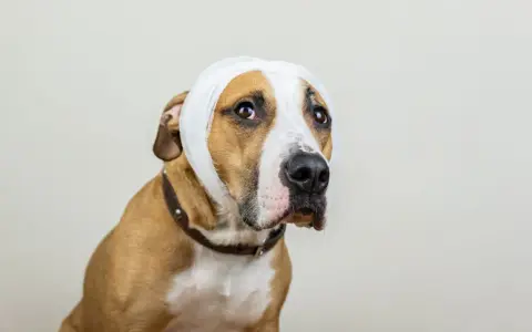 Un chien au pelage brun et blanc porte un bandage blanc autour de la tête, suggérant un hématome à l'oreille.