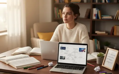Młoda kobieta pogrążona w nauce, przygotowująca się do kognitywistyka studia. Na biurku laptopy, otwarte książki i przybory do pisania.
