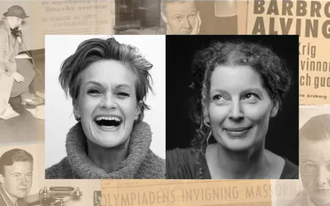 Barbro Alving, en pionjär inom svensk journalistik, porträtterad i olika epoker. Hennes livsverk speglas i tidningsurklipp och moderna foton.