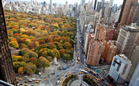 Höstfärger i Central Park, New York. Gula taxibilar trängs på gatorna i Big Apple.