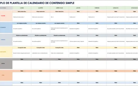 Plantilla de calendario de publicaciones en redes sociales con contenido para YouTube, Facebook, LinkedIn, Instagram y TikTok.