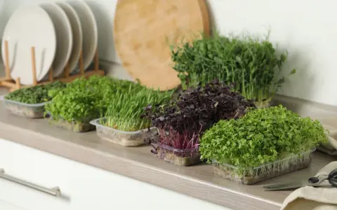 Frische Ernte: Verschiedene Sorten Microgreens anbauen, von zartgrün bis dunkelrot, bereit für die Küche.