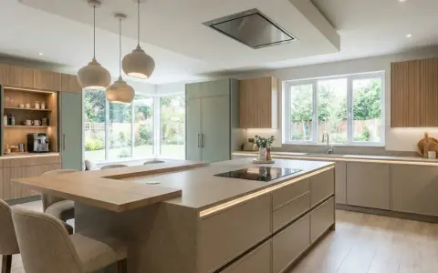Cocina moderna con isla central, gabinetes verdes y de madera, perfecta para reformar cocina sin obras.