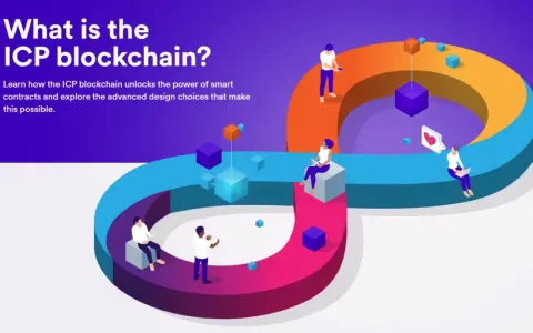 Grafika ilustruje, icp co to jest: blockchain z ludźmi i kostkami, symbolizującymi smart kontrakty i technologię.