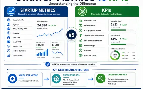 Infographic comparing startup metrics (website traffic, revenue, burn rate) with KPIs (activation rate, D30 retention, net revenue retention), illustrating their differences and a KPI system architecture.