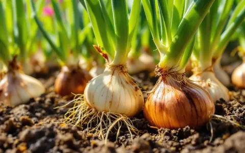 Oignons blancs et bruns en pleine terre, prêts à pousser. Idéal pour savoir que planter à côté des oignons pour un potager florissant.