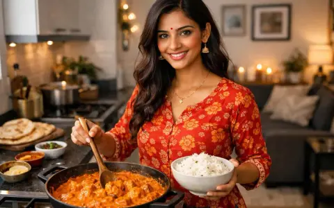 En kvinna i köket lagar en krämig tikka masala med ris.