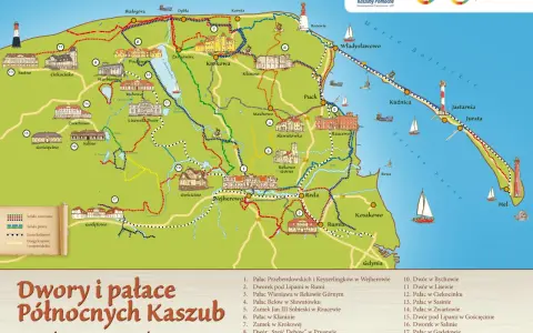 Mapa turystyczna prezentująca dwory i pałace na Kaszubach, z zaznaczonymi szlakami rowerowymi i pieszymi.