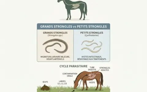 Illustration du cycle des strongles chez le cheval, montrant les grands et petits strongles, leurs dégâts et leur cycle parasitaire.