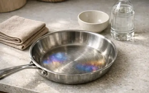 Casserole inox avec des taches bleues iridescentes sur le fond, à côté d'une serviette pliée et d'une bouteille de liquide.