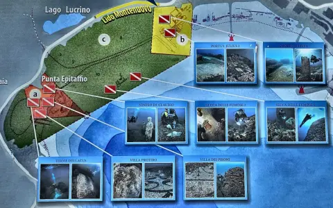 Mapa Pola Flegrejskie: podwodny świat starożytnych ruin i nurkowie odkrywający skarby.