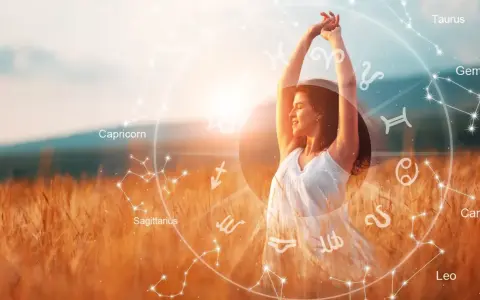 Kobieta w białej sukience cieszy się słońcem na polu. Wokół niej krąg znaków zodiaku, symbolizujący numerologię codzienną.