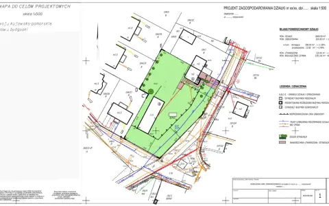 Mapa do celów projektowych, projekt zagospodarowania terenu. Działka z istniejącą i projektowaną zabudową, zielenią i utwardzeniami.