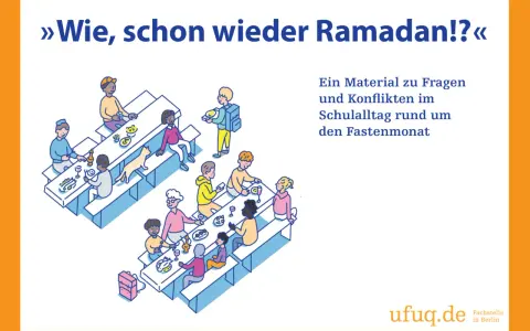 Illustration von Kindern, die sich um Tische versammeln. Ein Material zu Fragen und Konflikten im Schulalltag rund um den Fastenmonat.