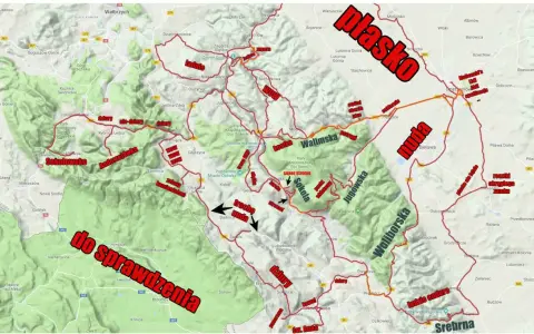 Mapa atrakcji Gór Sowich: od "nudy" po "super stromo", z zaznaczonymi trasami i miejscami do sprawdzenia.