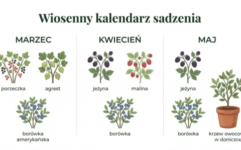 Wiosenny kalendarz ogrodnika co kiedy sadzić: marzec (porzeczka, agrest, borówka amerykańska), kwiecień (jeżyna, malina, borówka), maj (jeżyna, borówka, krzew owocowy w doniczce).