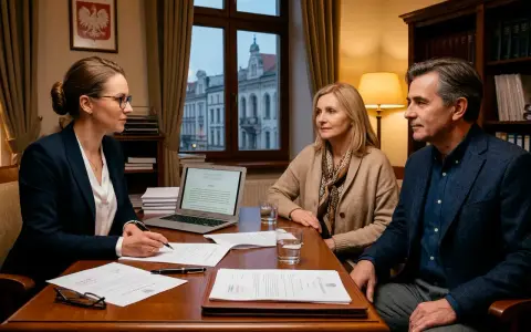 Prawniczka wyjaśnia parze, co to intercyza, podczas spotkania w kancelarii.
